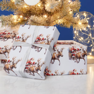 Papier Cadeau Clause du Père Noël avec un renne tirant son traîn