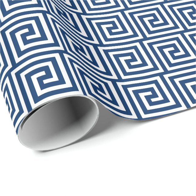 Papier Cadeau Clé grecque, bleu marine et blanc (Coin rond)