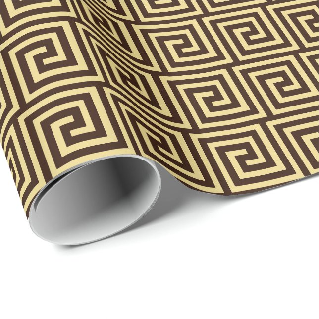 Papier Cadeau Clé grecque, brun chocolat et bronzage (Coin rond)