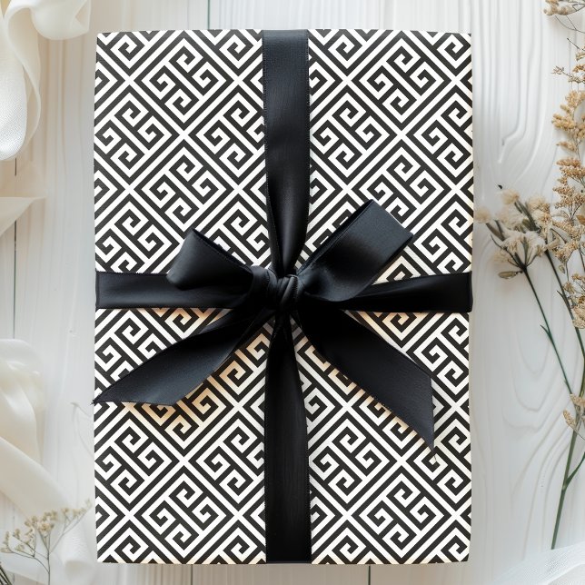 Papier Cadeau Clé grecque noire et blanche Motif de Maze (Créateur téléchargé)