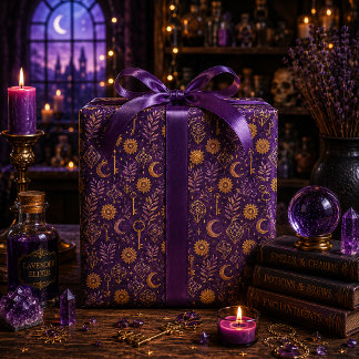 Papier Cadeau Clé Lune Cristal Or Mystique Violet Foncé