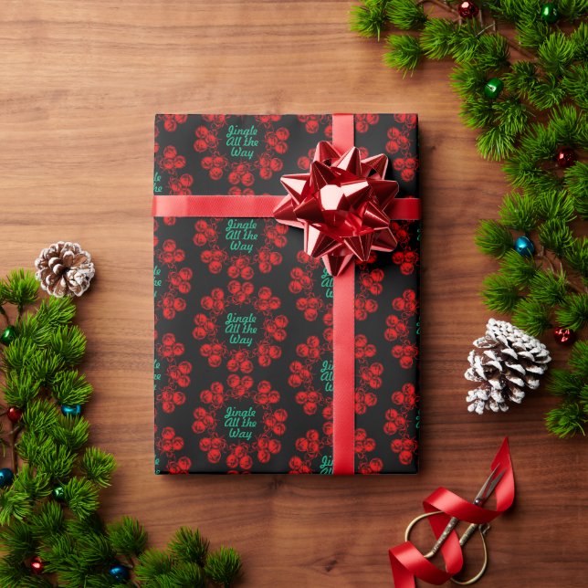 Papier Cadeau Cloches de Jingle Festif Rouge sur Noir (Cadeau de vacances)