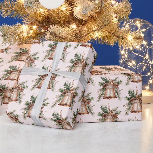 Papier Cadeau Cloches de Noël en bronze rose (Vacances)