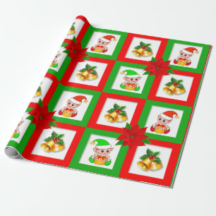 Papier Cadeau cloches de Noël, poinsettia, elfe sur fond vert et