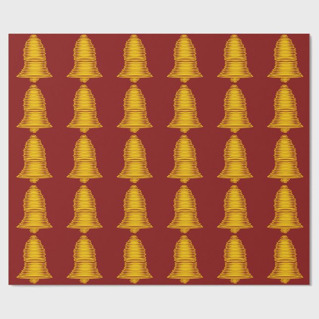 Papier Cadeau Cloches d'or sur papier d'enveloppement rouge fonc (Plat)