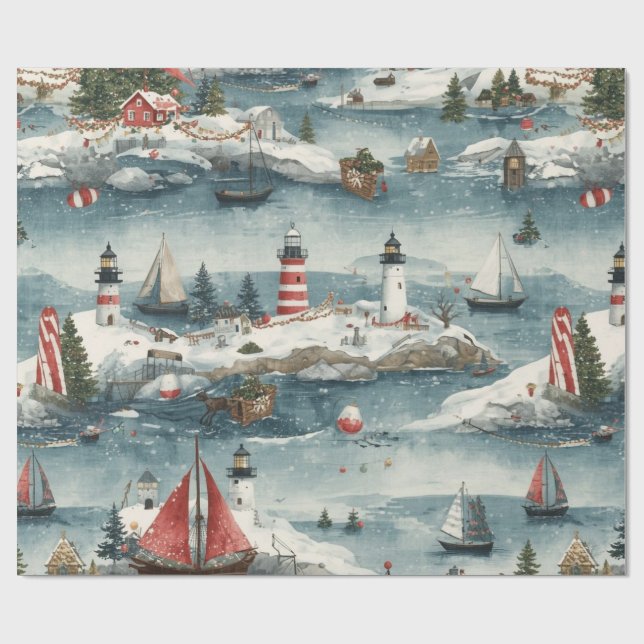 Papier Cadeau Coastal Christmas Blue Watercolor Nautical  (Plat)