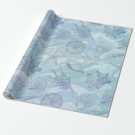 Papier Cadeau Coastère Noël bleu Aquarelle Coquillages