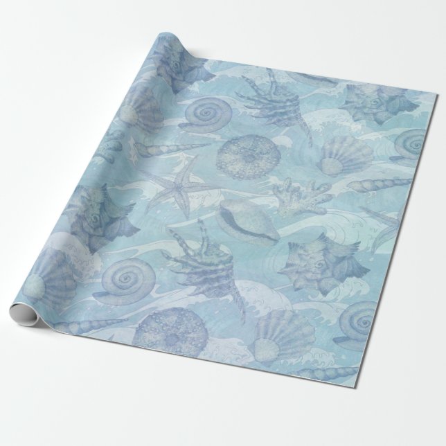 Papier Cadeau Coastère Noël bleu Aquarelle Coquillages (Déroulé)
