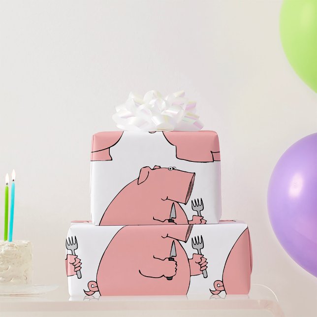 Papier Cadeau Cochon affamé drôle tenant une fourchette et un co (Créateur téléchargé)