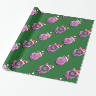 Papier Cadeau Cochon de vacances à Santa Hat Motif sur Vert