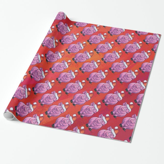 Papier Cadeau Cochon mignon à Santa Hat sur rouge (Déroulé)