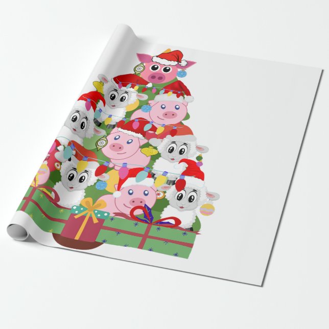 Papier Cadeau Cochons mignons et moutons Arbre de Noël (Déroulé)