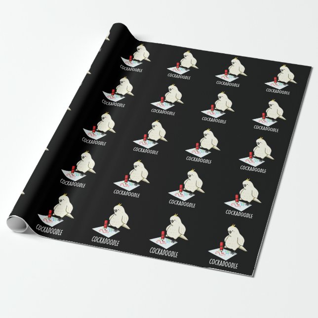 Papier Cadeau Cockadoodle amusant Cockatoo Pun Dark BG (Déroulé)