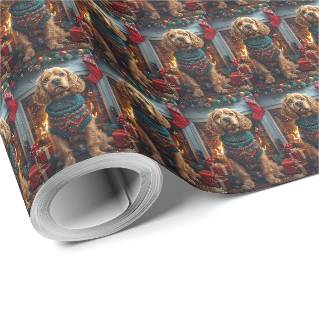Papier Cadeau Cocker Spaniel Chien Avec Les Cadeaux De Noël Chem (Coin rond)