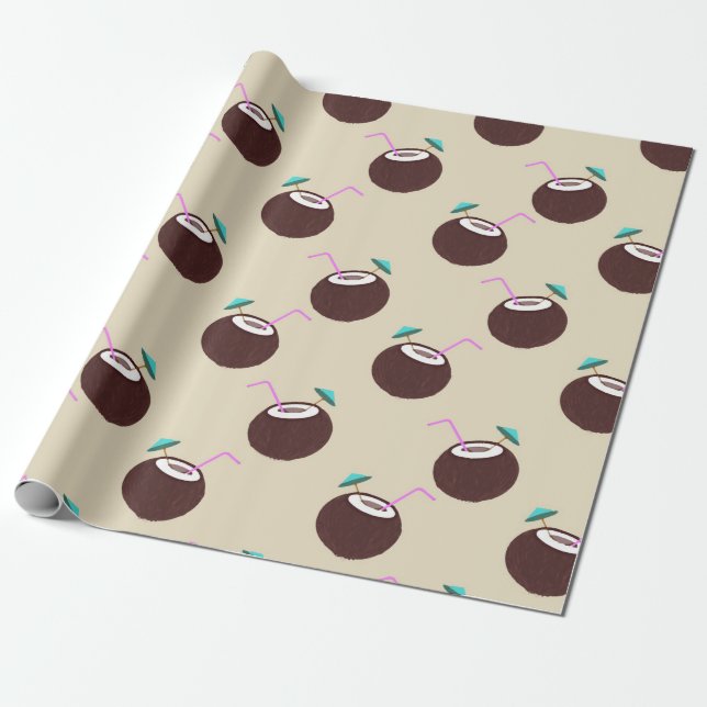 Papier Cadeau Cocktail de noix de coco avec motif de paille - Pl (Déroulé)