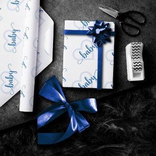 Papier Cadeau Coeur bébé   Cérulean Blue Flourish Script douche