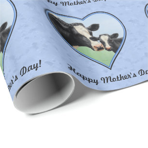 Papier Cadeau Coeur bleu de Vache Holstein et de veau mignon