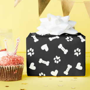 Papier Cadeau Coeur Chien Paws Et Os Noir 