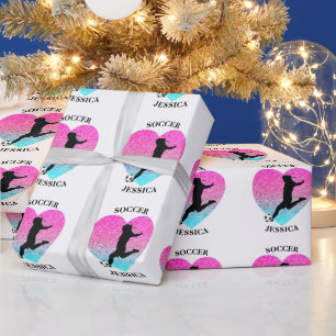 Papier Cadeau Coeur de fille de football avec nom