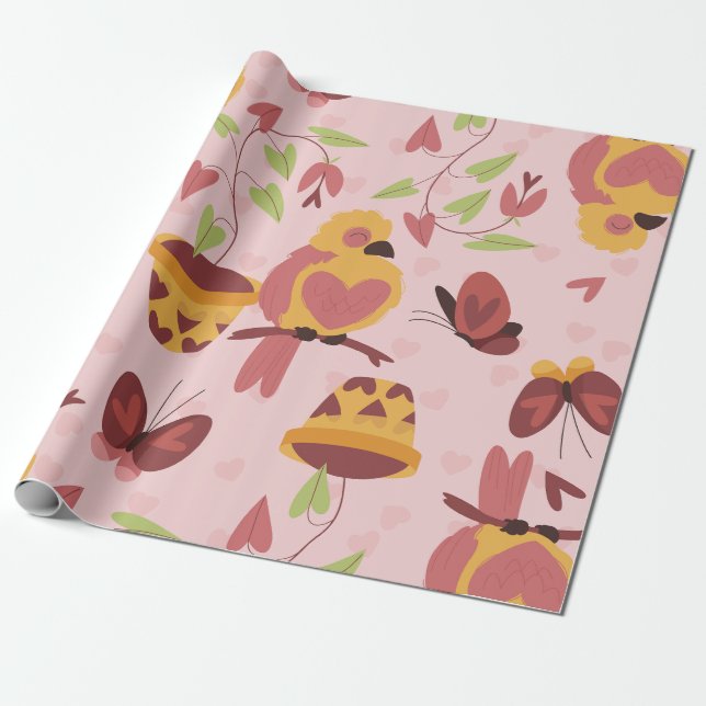 Papier Cadeau coeur des oiseaux amour papillons romance valentin (Déroulé)