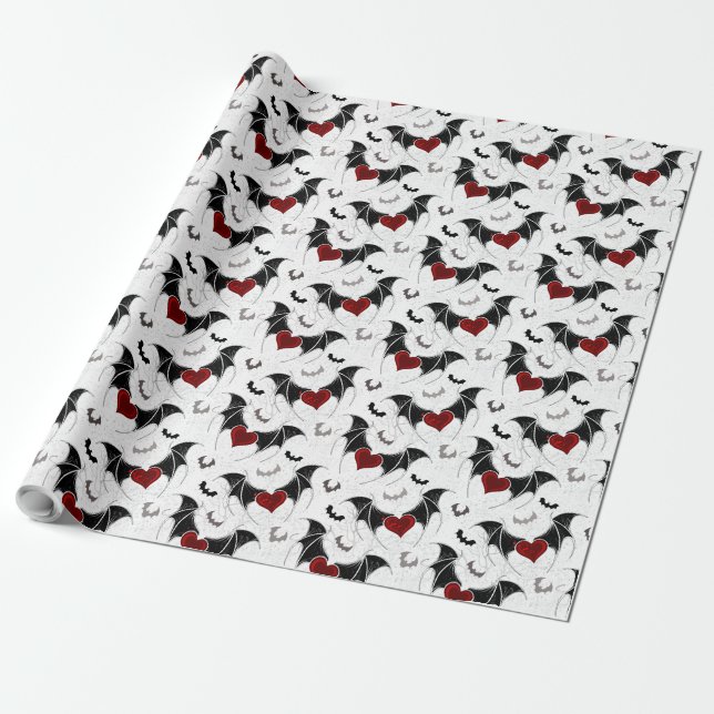 Papier Cadeau Coeur d'Halloween avec ailes de chauve-souris noir (Déroulé)