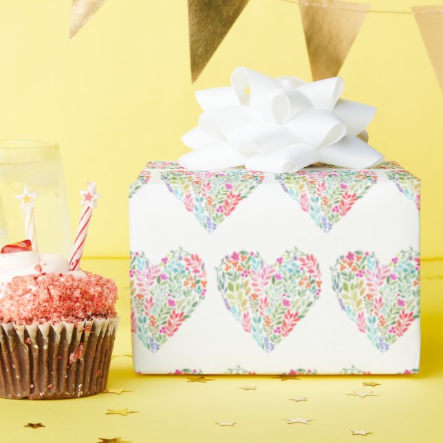 Papier Cadeau Cœur floral aquarelle (Fête d'anniversaire)