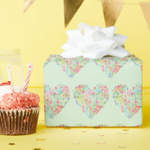 Papier Cadeau Cœur floral aquarelle sur fond vert