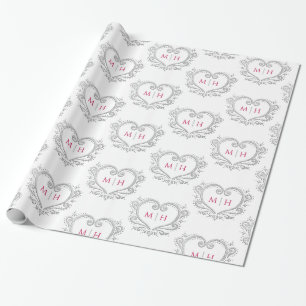 Papier Cadeau Coeur monogramme argent baie rouge blanc mariage
