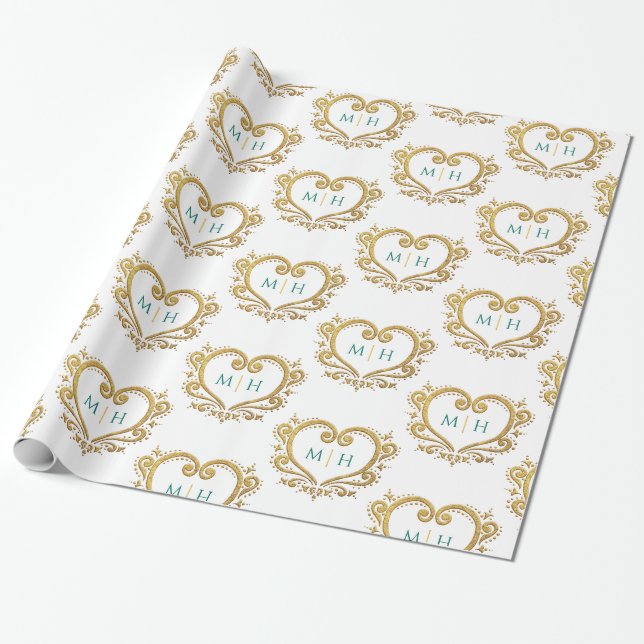 Papier Cadeau Coeur monogramme or vert foncé sur mariage blanc (Déroulé)