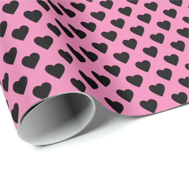 Papier Cadeau Coeur noir sur rose (Coin rond)