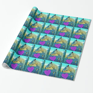 Papier Cadeau Coeur rose et cheval jaune