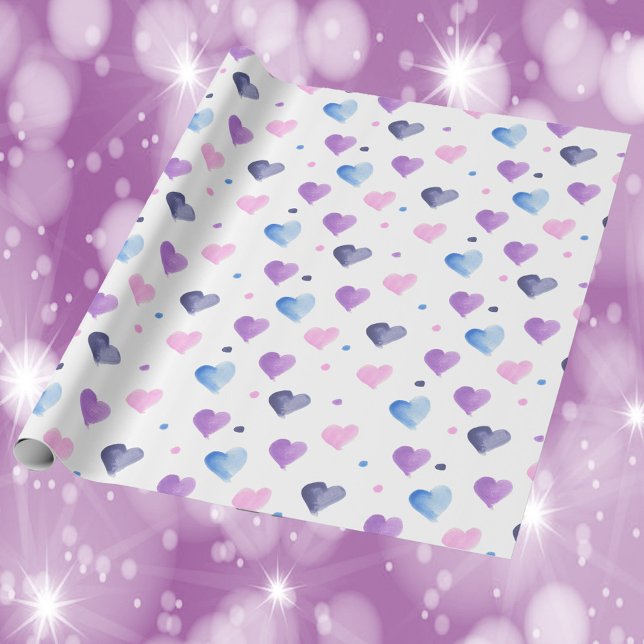 Papier Cadeau Coeurs Aquarelle Motif rose Bleu pourpre (Gift wrapping with a heart and polka dot pattern done in pink, blue and purple.)