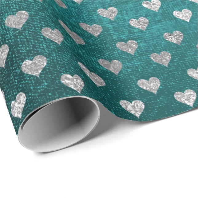 Papier Cadeau Coeurs Argent Turquoise Aquatique Profond Tropical (Coin rond)