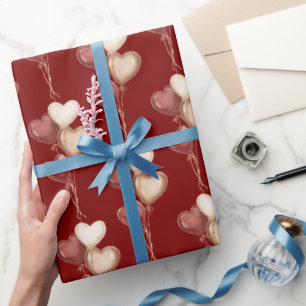 Papier Cadeau Cœurs Ballons Amour Rouge Crème 