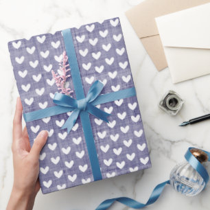 Papier Cadeau Cœurs blancs sur lin bleu marine