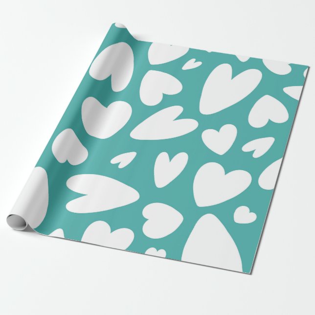 Papier Cadeau Coeurs blancs sur Motif turquoise (Déroulé)
