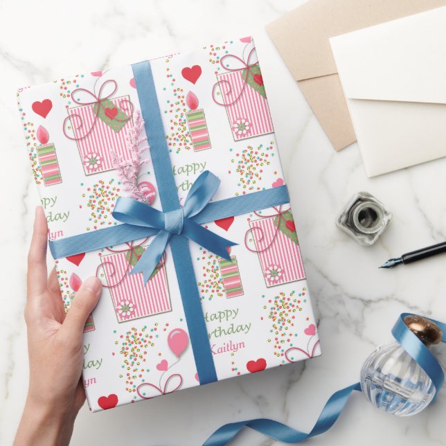 Papier Cadeau Coeurs cadeaux d'anniversaire rose Personnalisé (Cadeaux)