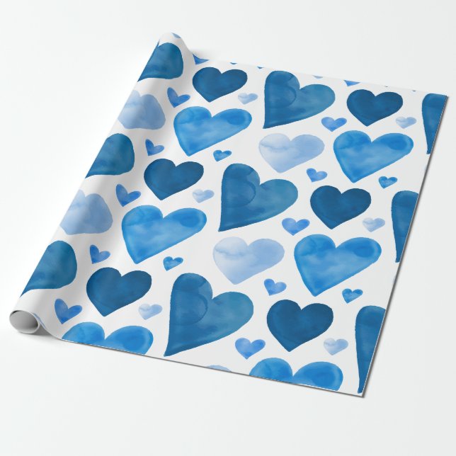 Papier Cadeau Coeurs - coeurs bleus d'aquarelle (Déroulé)