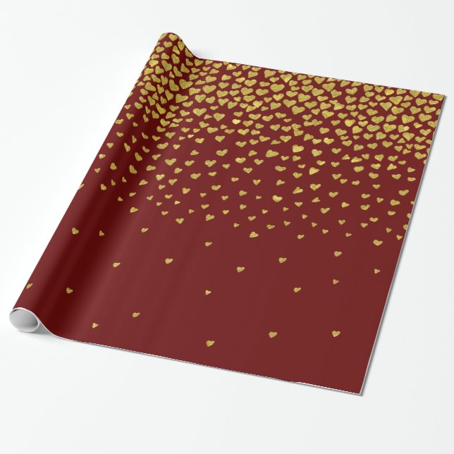 Papier Cadeau Coeurs Confetti Or et Rouge (Déroulé)