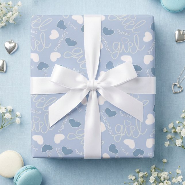 Papier Cadeau Cœurs d'amour bleu pastel (Romantic blue hearts with a playful vibe, the perfect wrapping for any occasion.)