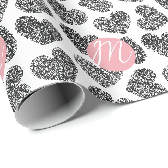 Papier Cadeau Coeurs de Doodle Noir et Blanc modernes Monogramme (Coin rond)