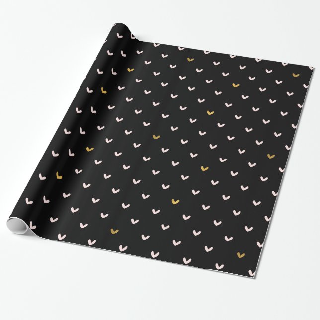 Papier Cadeau Coeurs d'or noir rose (Déroulé)