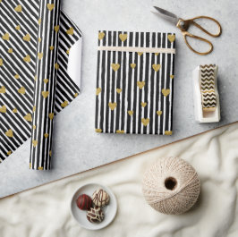 Papier Cadeau Coeurs D'Or Sur Bandes Noires Et Blanches