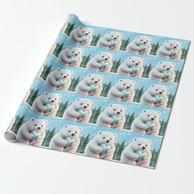 Papier Cadeau Coeurs d'ours polaires mignons Enfants Wonderland  (Déroulé)