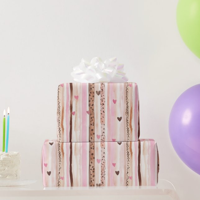 Papier Cadeau Coeurs Empreintes de léopard Brown roses rayures A (Cadeaux de fête)