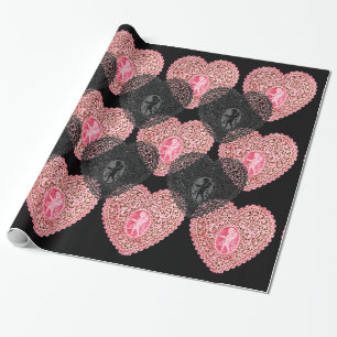 Papier Cadeau CŒURS EN DENTELLE CUPIDON NOIR ROSE Saint-Valentin