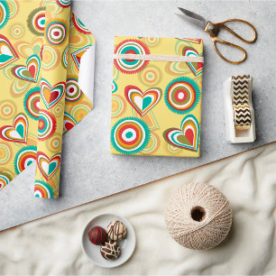 Papier Cadeau Coeurs et cercles Boho rétro les années 70 Motif S