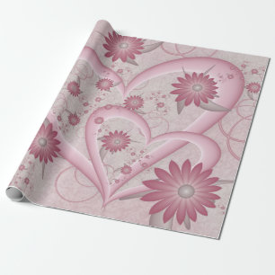 Papier Cadeau Cœurs et fleurs abstraits roses Amour Art fractal