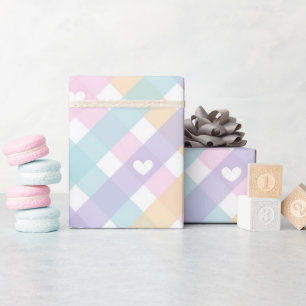 Papier Cadeau Cœurs Gingham Pastel