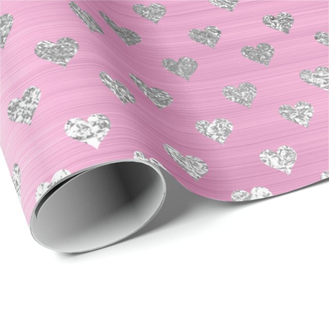 Papier Cadeau Coeurs gris argenté rose rose rose rose (Coin rond)
